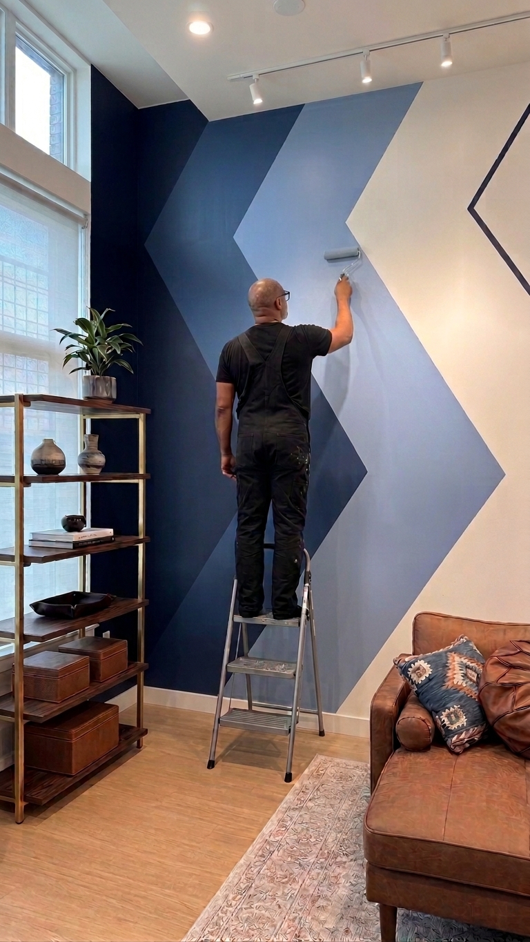Artist on a step ladder rolling a navy and white chevron mural onto an interior wall