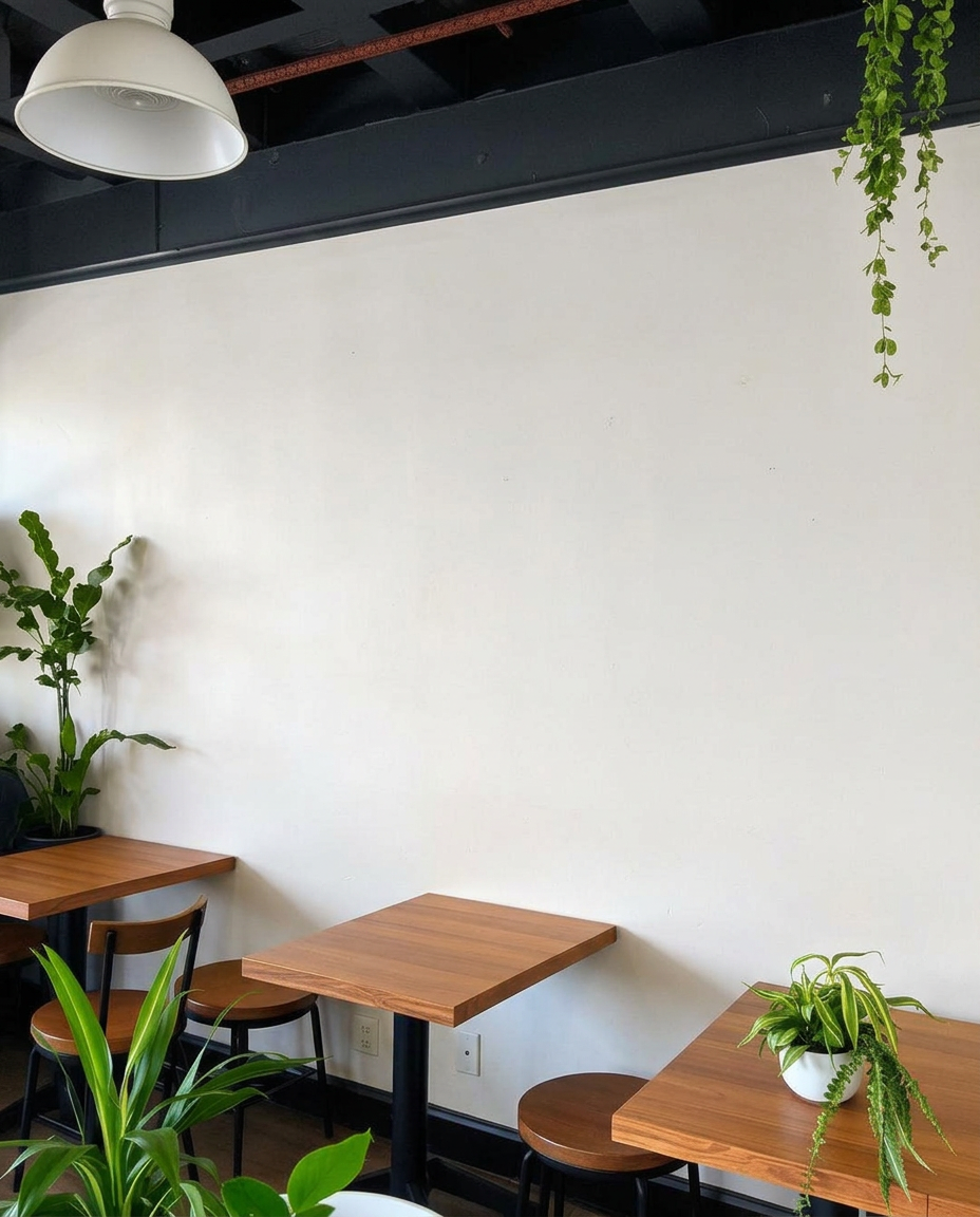 Blank white café wall before the mural was painted